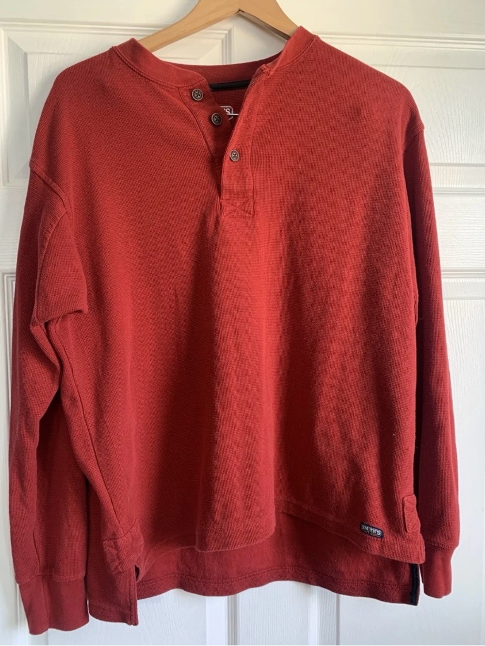 Smith's Men’s Size L Red Waffle Knit Long Sleeve Henley T-Shirt Cotton Blend